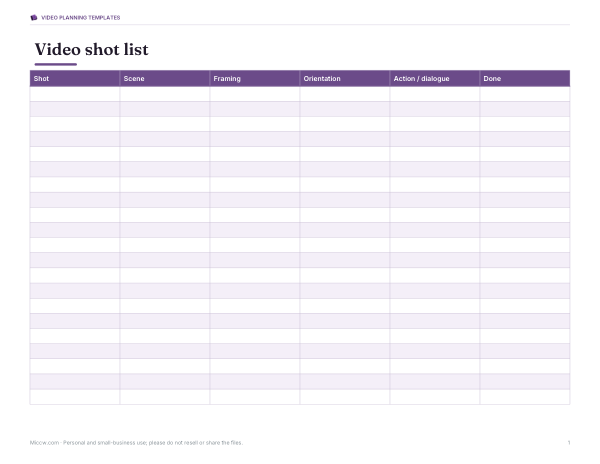 Preview of Printable Video Shot List